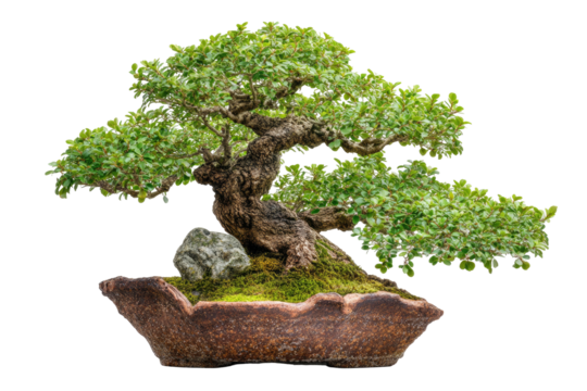 Sculpted miniature tree in textured pot, adorned with moss and stone
