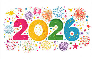 Celebrate arrival of 2026 with vibrant colors and festive fireworks. This cheerful design features bold numbers surrounded by colorful stars and bursts, creating joyful atmosphere