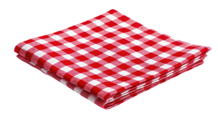 Folded red and white checkered fabric napkin on a transparent background