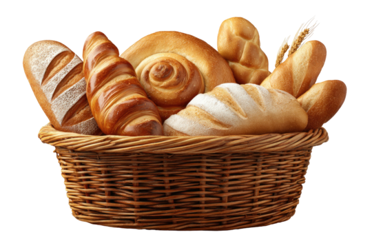 Abundant basket filled with freshly baked assorted breads and pastries