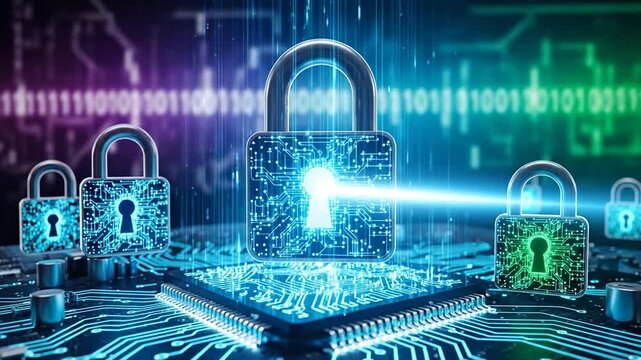 Futuristic digital security with glowing padlocks protecting data on circuit board