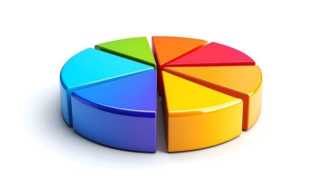 3D realistic pie chart icon with vibrant color segments and slight 3D extrusion, representing data analysis, business report, and financial statistics, isolated on white background.