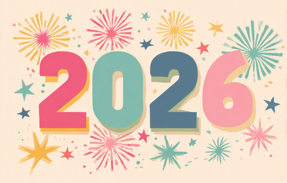 Celebrate arrival of new year with vibrant illustration featuring year 2026, surrounded by colorful fireworks and stars, creating festive atmosphere