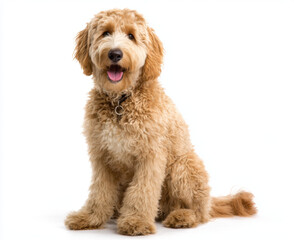 Fototapeta premium Happy golden doodle dog sitting and looking at camera, showcasing its fluffy coat and cheerful expression. This friendly pet exudes warmth and joy, making it delightful companion
