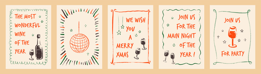 Set of Merry Christmas and Happy New Year posters, disco party promo, Christmas dinner invitation, restaurant bar menu. Crayon, charcoal, pastel, pencil hand drawn doodle sketch whimsical frame