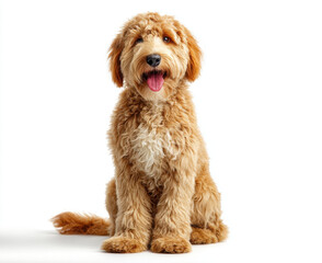 Fototapeta premium Happy golden doodle dog sits and looks at camera, showcasing its fluffy fur and playful demeanor. This friendly pet exudes joy and warmth, making it delightful companion