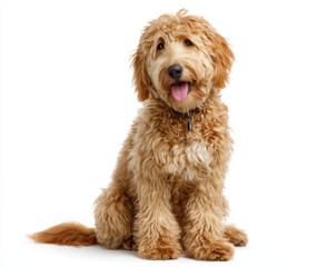 Fototapeta premium Happy golden doodle dog sits and looks at camera, showcasing its fluffy coat and playful demeanor. This friendly pet exudes warmth and joy, making it delightful companion