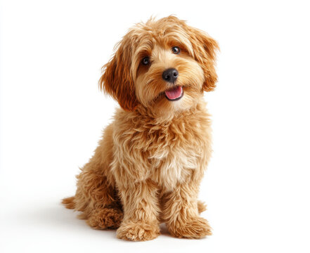 Happy and playful full body golden brown cavoodle sits gracefully, showcasing its fluffy fur and cheerful expression. This adorable dog exudes warmth and charm, making it delightful companion