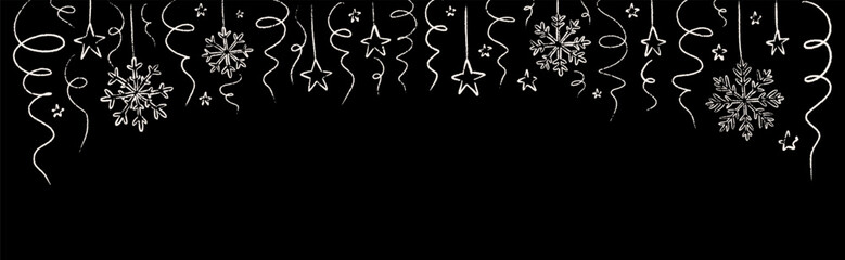 Merry Christmas and happy New Year hand drawn doodle background with Christmas tree decoration, snowflakes, serpentine. Chalk border scribble on the blackboard. Xmas holiday pattern