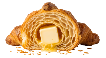 Croissant with melting butter filling isolated on transparent background