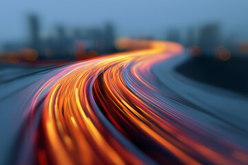 A vibrant, abstract image showcasing flowing light trails, suggesting speed and movement, with a blurred cityscape in the background.