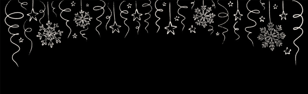 Merry Christmas and happy New Year hand drawn doodle background with Christmas tree decoration, snowflakes, serpentine. Chalk border scribble on the blackboard. Xmas holiday pattern