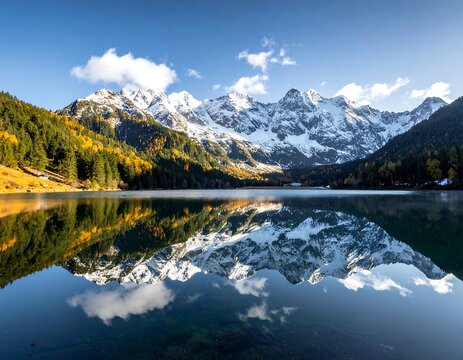 Tranquil alpine lake scene with snow-capped mountains reflecting