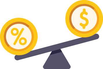 Concept of financial balance between percentage symbol and dollar sign coins placed on a seesaw