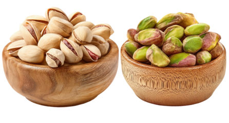 Two wooden bowls filled with shelled and unshelled pistachios (1)