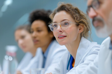 Fototapeta premium A focused group of professionals in white lab coats engage in a discussion, showcasing collaboration in a scientific or medical setting.