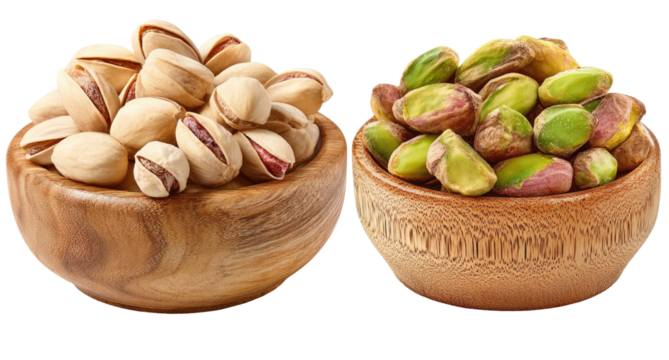 Two wooden bowls filled with shelled and unshelled pistachios (1)
