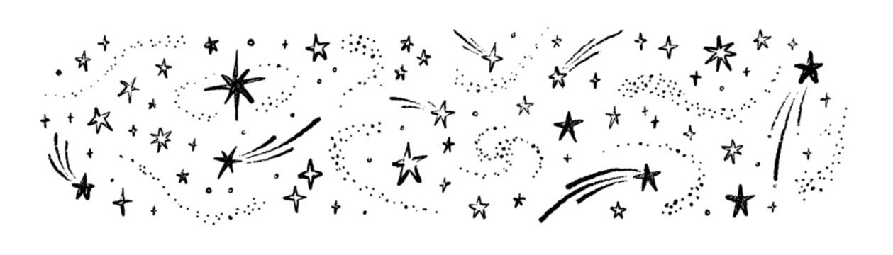 Hand drawn crayon sketch outer space stars background. Doodle pencil falling shooting stars, comets, meteors, bling, twinkle, glint, nebula, constellation &nbsp;kid drawing. Cosmic textured doodle pattern
