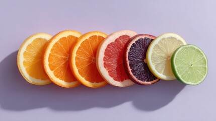 Vibrant Citrus Fruit Slices Arranged in a Row on a Pastel Purple Background with Subtle Sparkle Effect