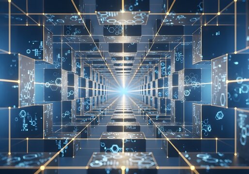 Abstract futuristic digital data tunnel with glowing blue hexagons and geometric network connections