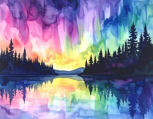 Vibrant watercolor landscape of a serene lake with a vibrant aurora borealis reflecting on the water