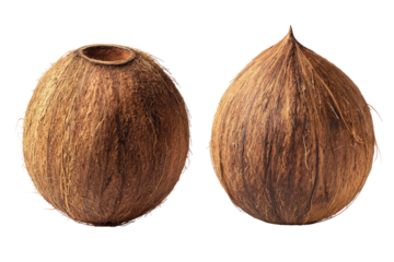 Two brown coconuts with fibrous husks against a dark background