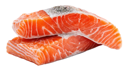Two raw salmon fillets with visible white fat lines