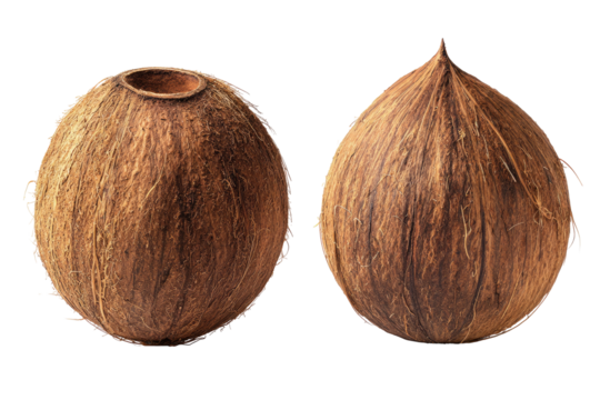 Two brown coconuts with fibrous husks against a dark background