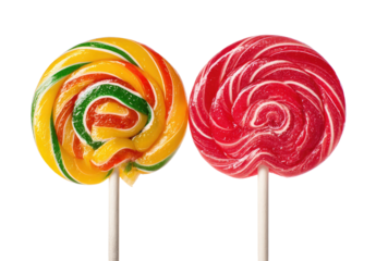 Two colorful swirled lollipops on white sticks against black (1)