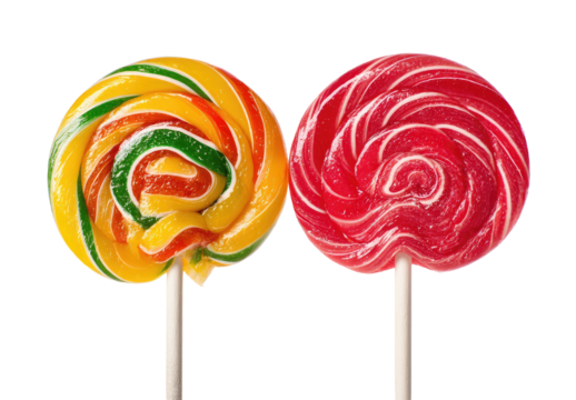 Two colorful swirled lollipops on white sticks against black (1)