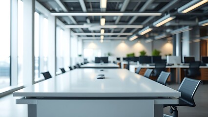 Fototapeta premium Empty modern office desk in a professional workspace after business hours.