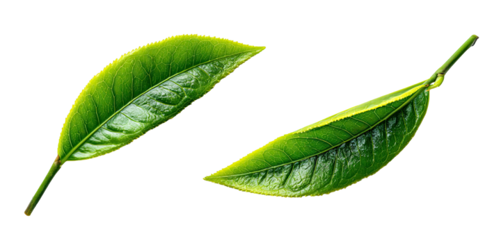 Two vibrant green leaves with textured veins on a black background