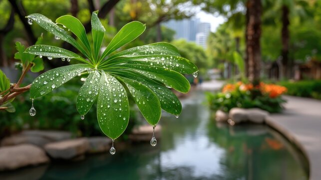 Vibrant Green Leaf with Dewdrops and Falling Water Droplets in a Lush Garden Pathway with Orange Flowers and Buildings in the Distance on a Bright Sunny Day