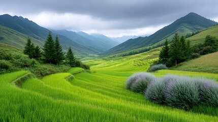 Vibrant Green Rice Terraces Carved into Rolling Hills Under a Dramatic Cloudy Sky in a Lush Mountain Valley
