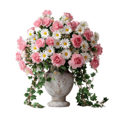 Obraz premium Elegant bouquet of pink roses, white daisies, and greenery in a vase