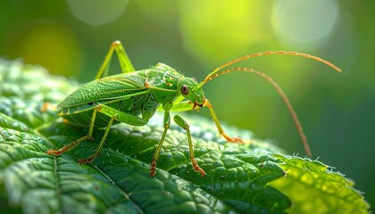 Vibrant green insect on a leaf, bathed in sunlight