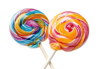 Two swirled colorful lollipops on white sticks, isolated