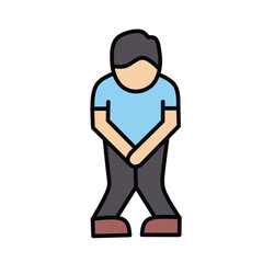 Vector illustration depicting a person experiencing urinary urgency, holding their bladder area due to discomfort, symbolizing the immediate need for a restroom