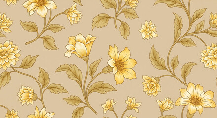 floral, vintage, yellow, pattern, seamless, botanical, background, flowers, design, elegant, classic, textile, leaves, retro, wallpaper, print, ornament, nature, decorative, beauty, style