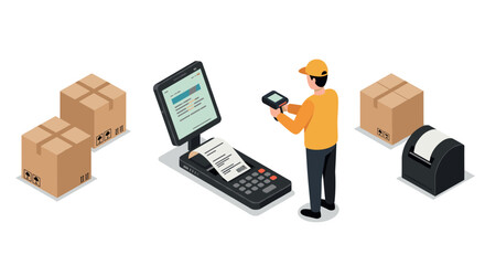 Isometric logistics technology with worker scanning packages in warehouse setup