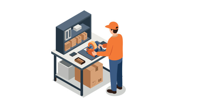 Isometric warehouse worker packing boxes with tape at shipping station