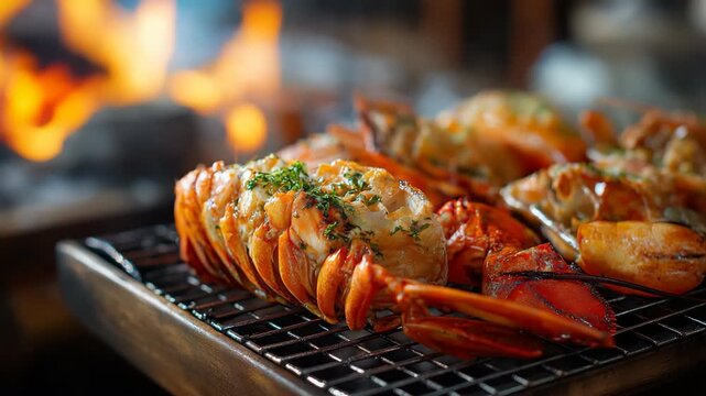 Grilled lobster and seafood platter with garlic and herbs over open flame