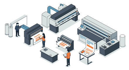 Modern large-scale printing process in industrial isometric style