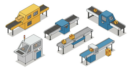 Obraz premium Isometric conveyor belt design with packaging machines and boxes