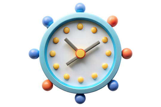 Cartoon clock with blue frame isolated on transparent background shows the time