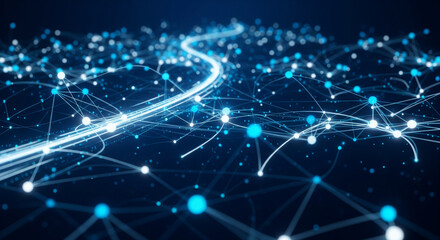  Dynamic network connections with glowing data points A complex web of white and light blue lines connecting numerous scattered, glowing spheres against a dark, deep blue background. Represents global