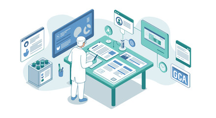 Scientist analyzing data in futuristic lab environment with digital interfaces