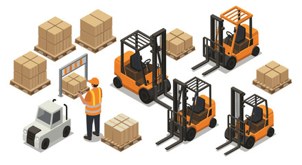 Obraz premium Logistics and warehouse equipment with forklifts, pallets, and worker in isometric style