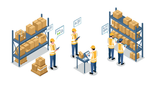 Warehouse logistics team managing inventory with digital devices in isometric style - Powered by Adobe