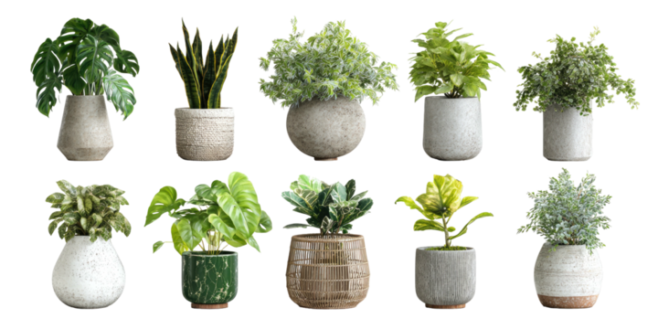 Ten potted houseplants arranged in two rows